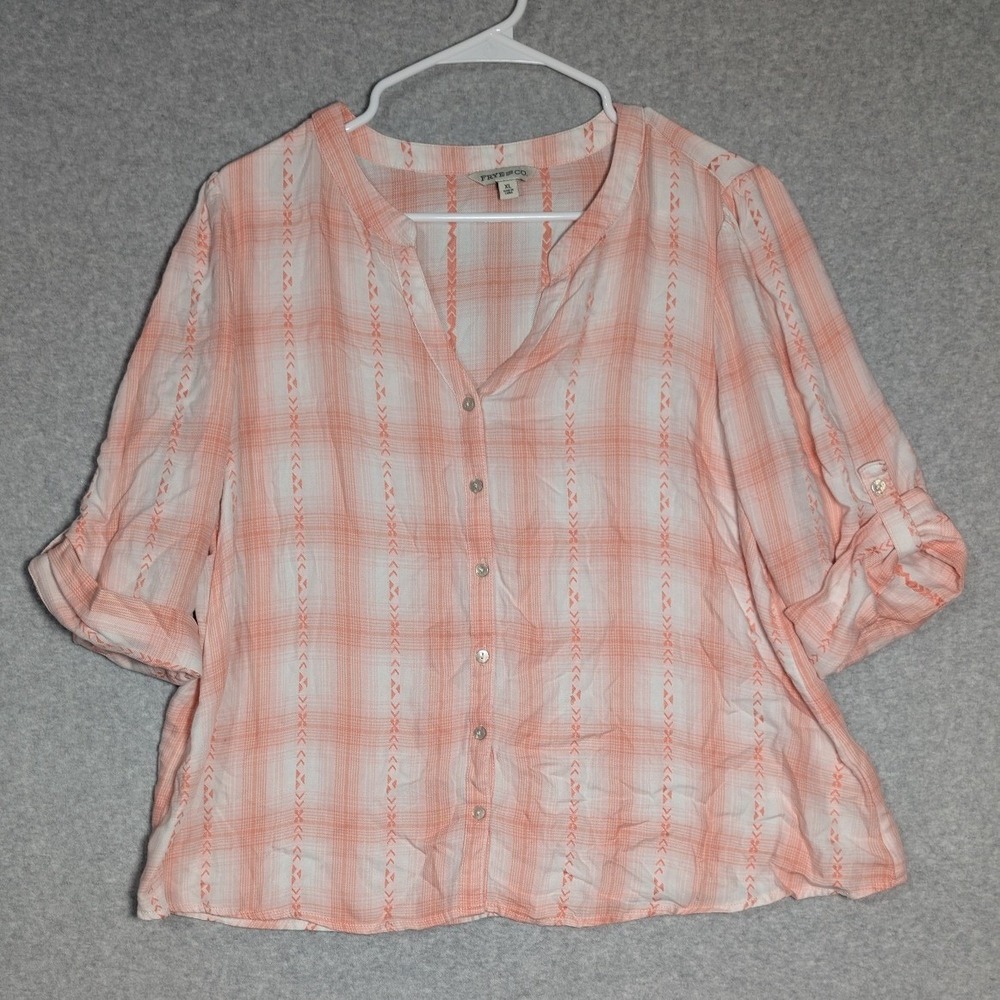 Frye and Co Plaid Blouse Womens XL Orange Roll Tab Sleeve Lightweight Comfy